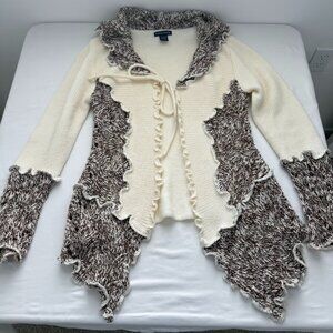 Boston Proper Cardigan Sweater Womens Medium Cream Brown Ruffle Tie Front Knit